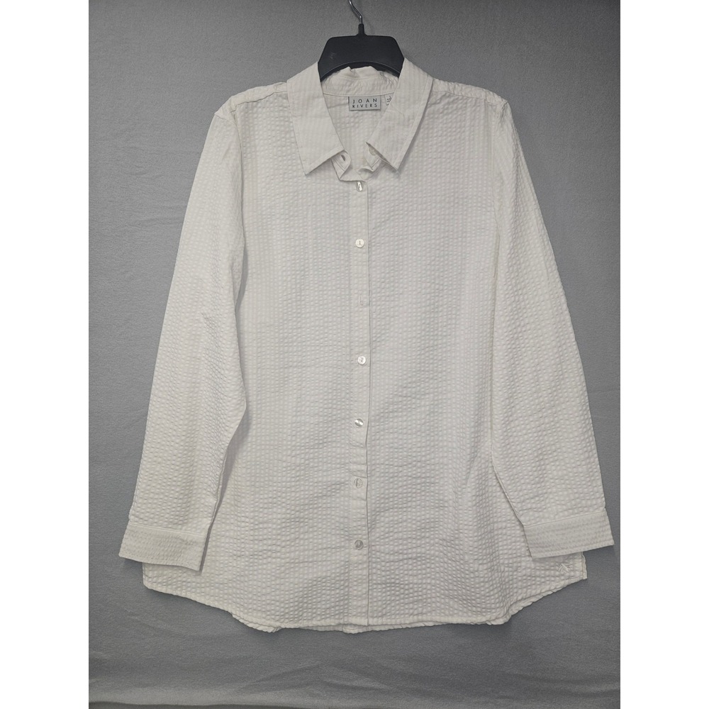 Joan Rivers White Seersucker Button Down Shirt Womens Large Long Sleeve Collared